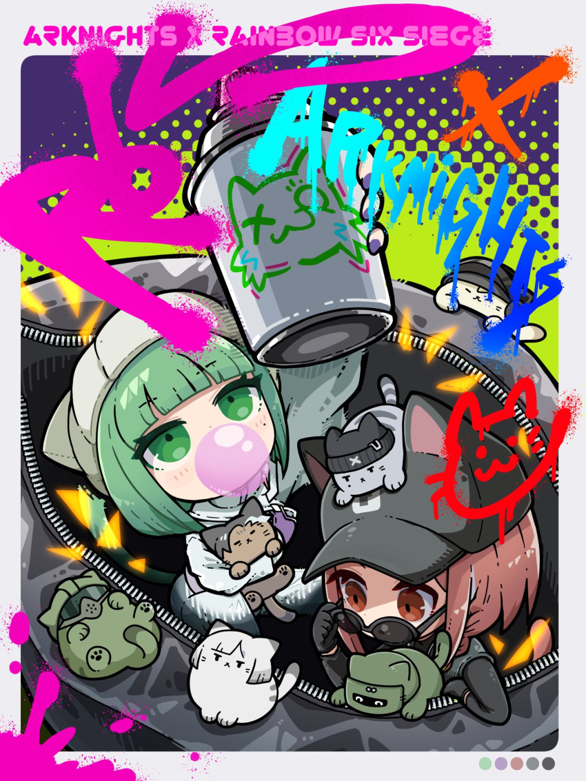 2girls, animalization, arknights, ash_(rainbow_six_siege), ash_(ranger)_(rainbow_six_siege), bag, black_hat, blitz_(rainbow_six_siege)