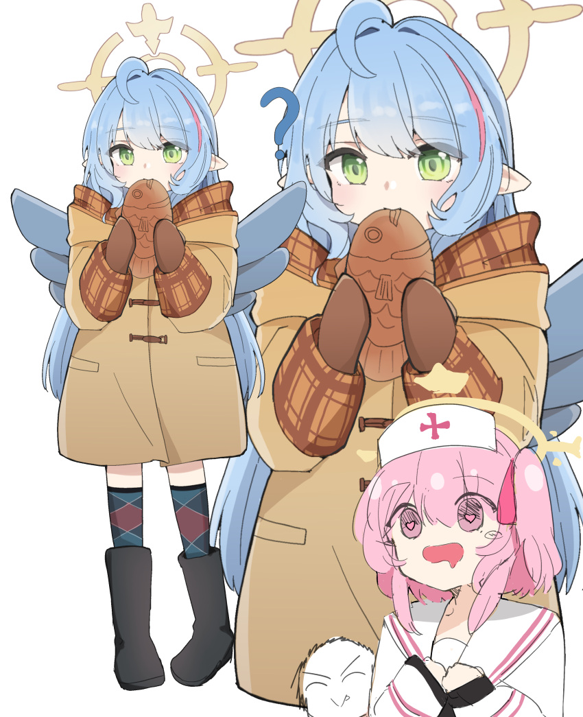 1boy, 2girls, ?, absurdres, aged_down, ahoge, black_footwear, blue_archive