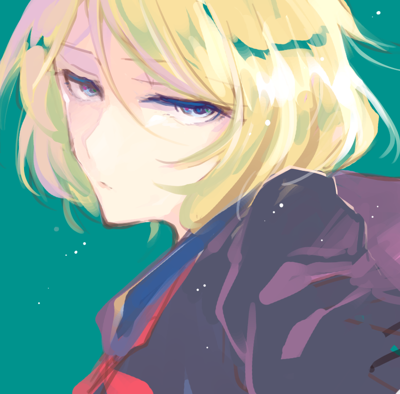 1girl, black_serafuku, blonde_hair, blue_eyes, green_background, kagamine_rin, looking_at_viewer, nihakusanren