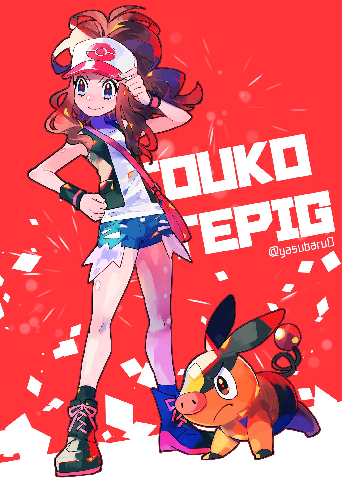 1girl, black_footwear, blue_eyes, brown_hair, hat, highres, hilda_(pokemon), pokemon