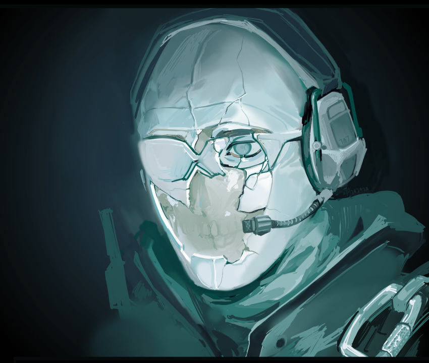 1boy, album_cover_redraw, black_background, broken_eyewear, call_of_duty, call_of_duty:_modern_warfare_2, commentary, cracked_skin, derivative_work, english_commentary, expressionless, ghost_(modern_warfare_2), headset, highres, hood, hood_down, hoodie, limited_palette, looking_ahead, male_focus, mask, newdad, porcelain, portrait, simple_background, solo, zpljajaja