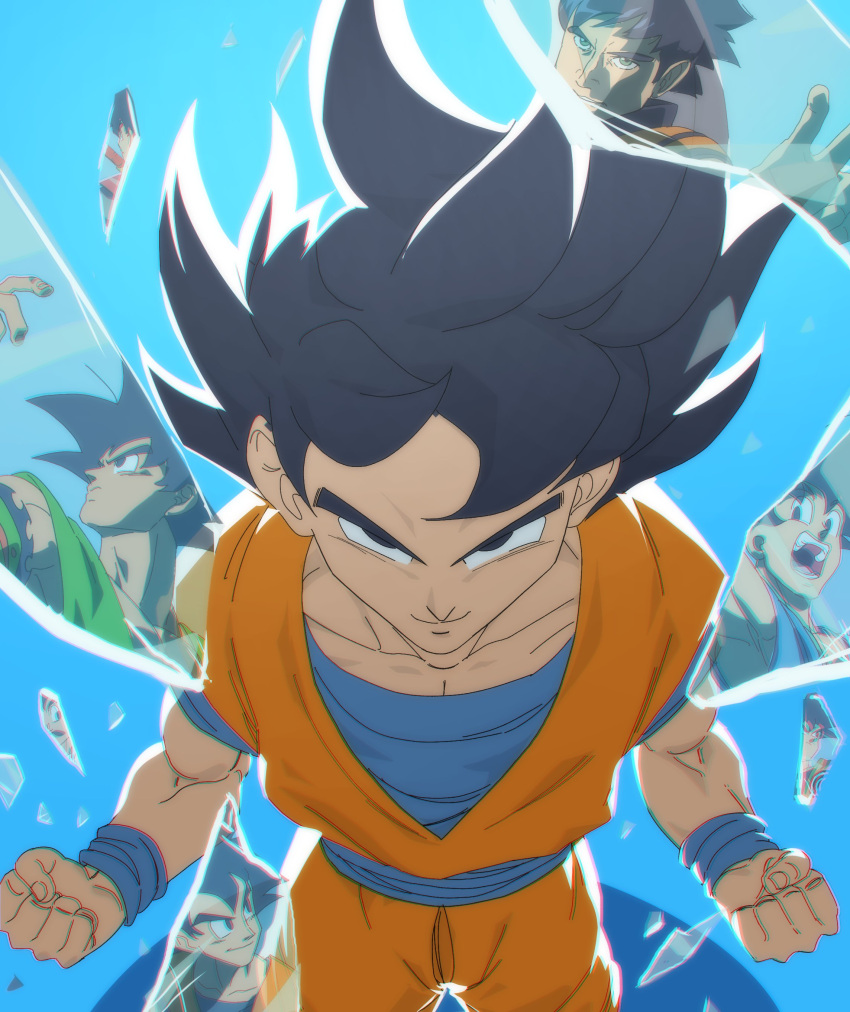 1boy, absurdres, black_eyes, black_hair, blue_wristband, broken_glass, closed_mouth, dougi, dragon_ball, dragon_ball_(classic), dragon_ball_af, dragon_ball_gt, dragon_ball_heroes, dragon_ball_z, english_commentary, floating_hair, from_above, glass, green_eyes, highres, in-franchise_crossover, looking_at_viewer, looking_to_the_side, looking_up, male_focus, multiple_persona, muscular, muscular_male, nachairo, open_mouth, pectoral_cleavage, pectorals, real_life, ruyi_jingu_bang, short_hair, smile, smirk, solo, son_goku, spiky_hair
