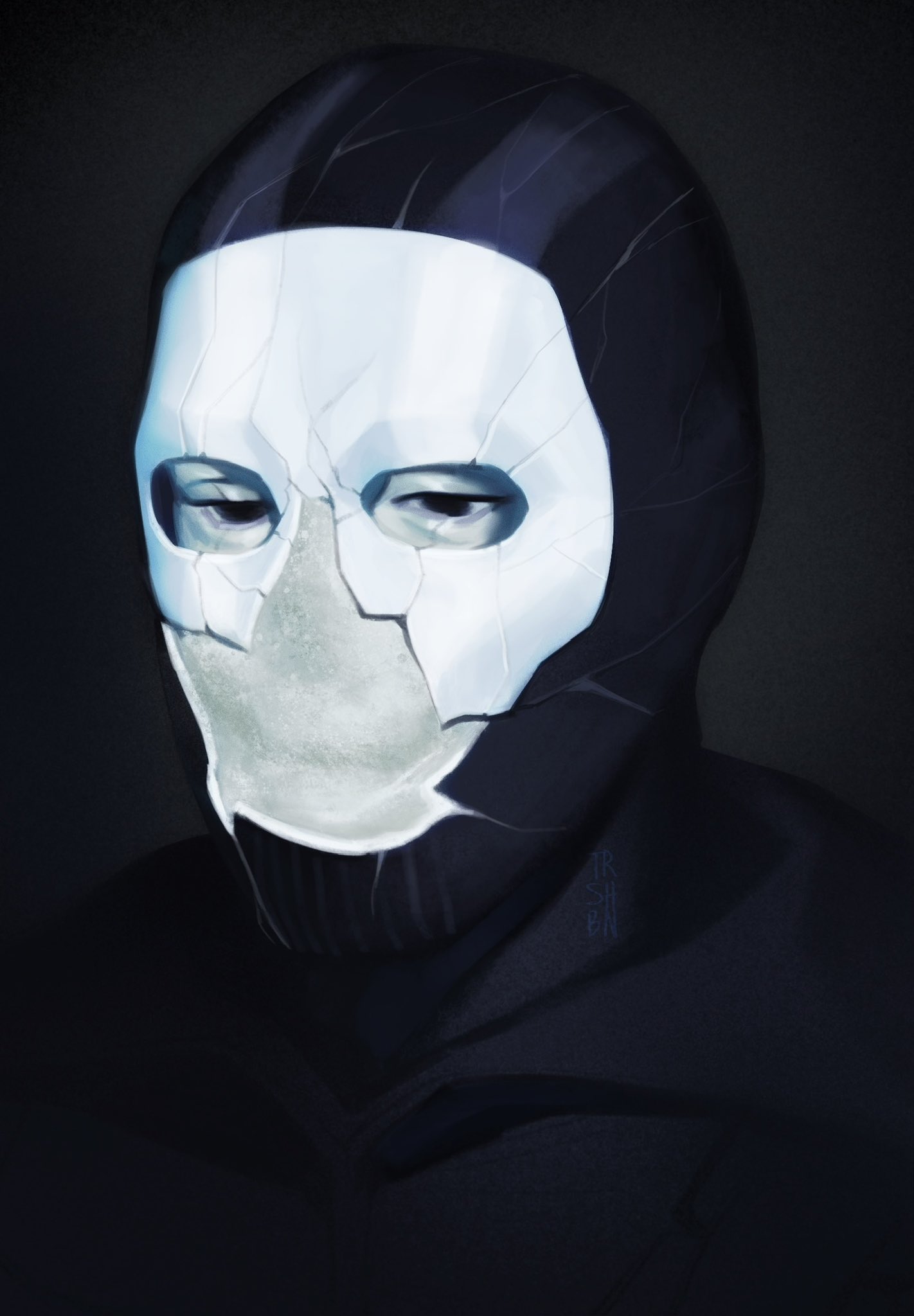 1boy, album_cover_redraw, black_eyes, black_hoodie, broken, call_of_duty, call_of_duty:_modern_warfare_2, colored_skin, commentary, crack, cracked_skin, derivative_work, ghost_(modern_warfare_2), highres, hood, hood_down, hoodie, looking_down, male_focus, mask, newdad, porcelain, skull_mask, solo, symbol-only_commentary, trah_sbean, upper_body, white_skin