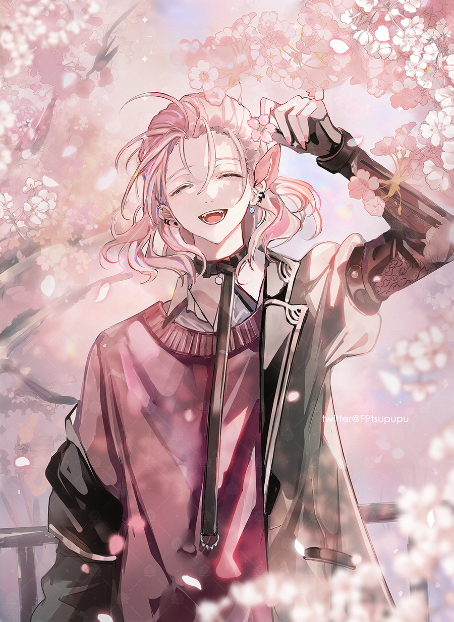 1boy, arm_up, belt, belt_necktie, bishounen, cherry_blossoms, choker, closed_eyes
