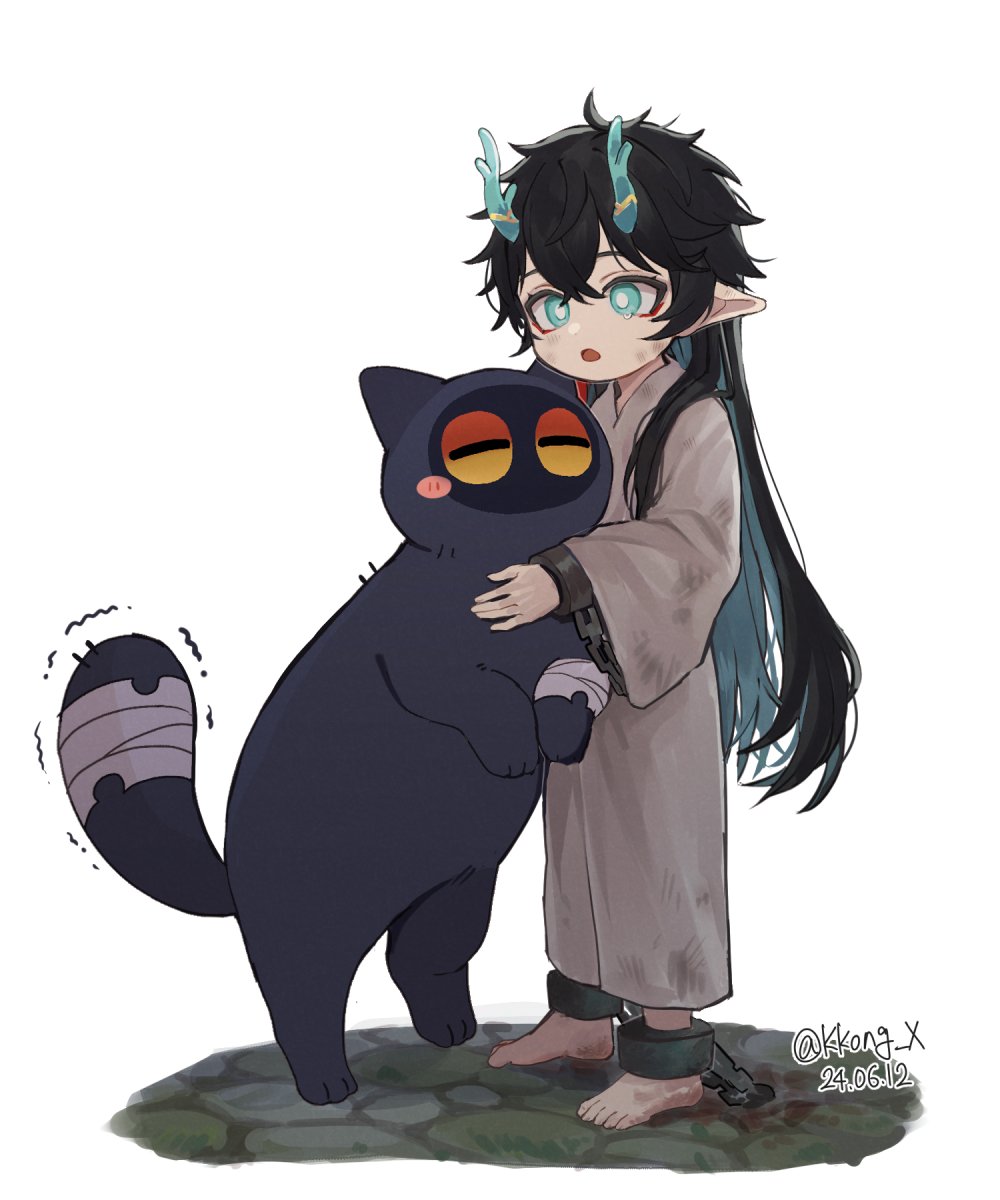 1boy, :o, aged_down, aqua_eyes, aqua_hair, aqua_horns, artist_name, bandaged_arm