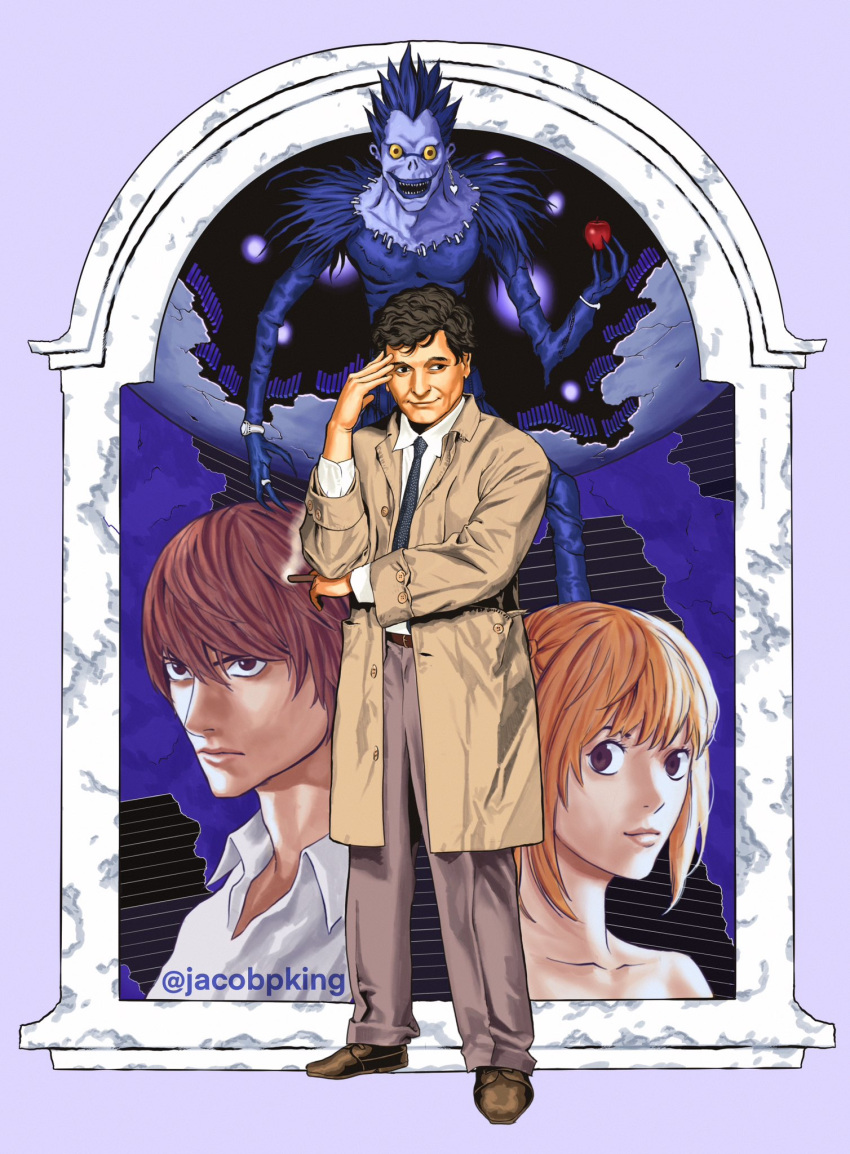 1girl, 3boys, amane_misa, apple, brown_hair, columbo, death_note, food