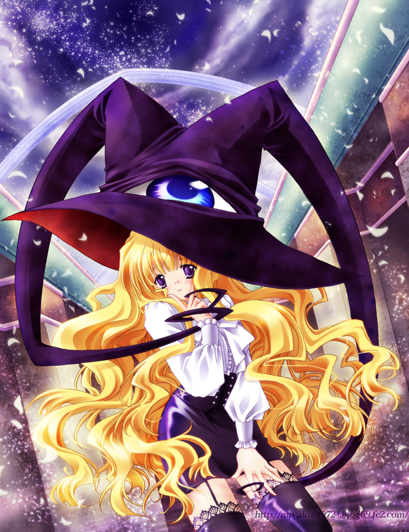black_legwear, blonde_hair, garter_straps, hat, indoors, lace, lace-trimmed_thighhighs, lilith