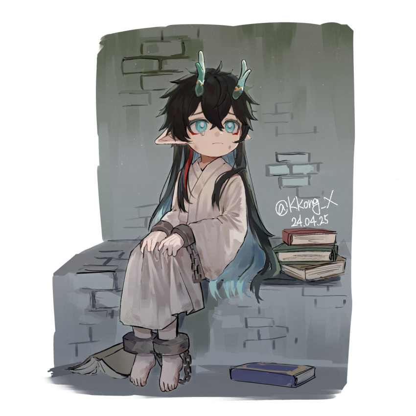 1boy, aged_down, aqua_eyes, aqua_hair, aqua_horns, artist_name, barefoot, black_hair