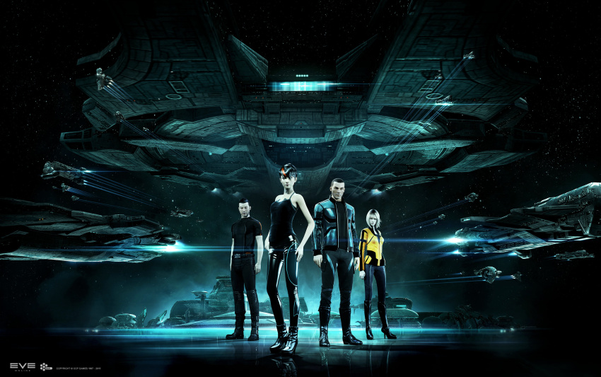 2boys, 2girls, 3d, aqua_theme, asian, attack_ship_(eve_online), autodesk_3ds_max_(medium), bare_arms