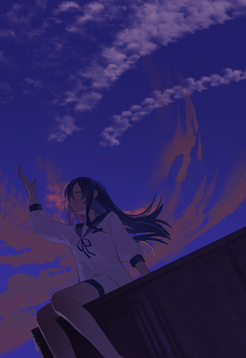 1girl, absurdres, arm_up, asagao_no_chiru_koro_ni_(tuyu), blue_hair, blue_ribbon, blue_sailor_collar, blue_shorts