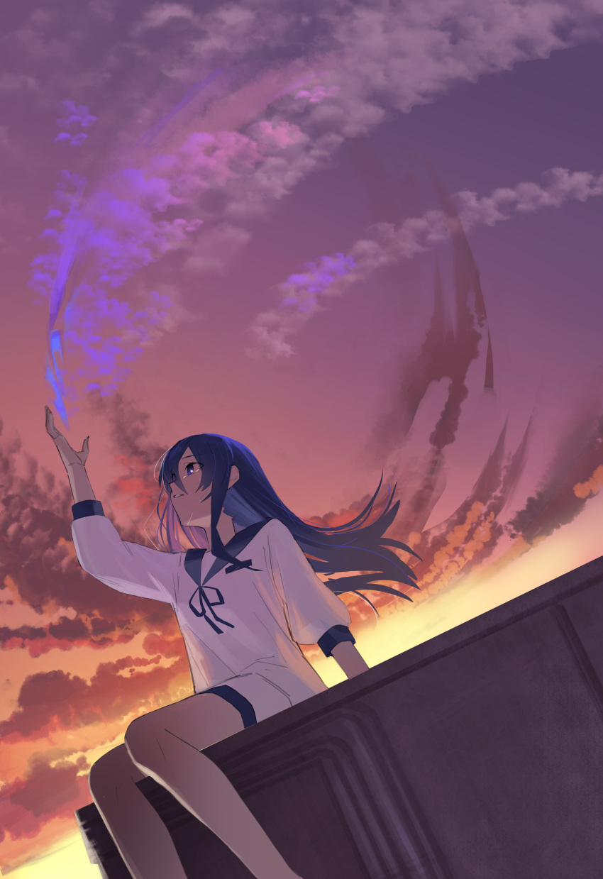 1girl, absurdres, arm_up, asagao_no_chiru_koro_ni_(tuyu), blue_hair, blue_ribbon, blue_sailor_collar, blue_shorts