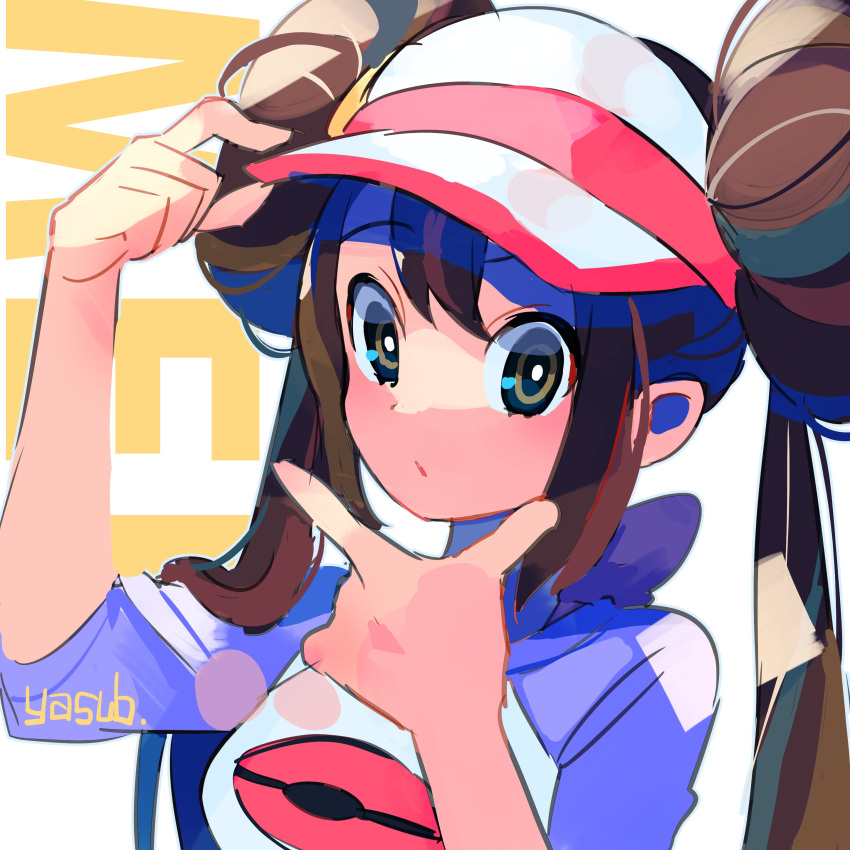 absurdres, black_eyes, blue_shirt, bow, brown_hair, double_bun, hair_bun, hat, highres, holding, holding_hat, holding_unworn_clothes, looking_at_viewer, pink_visor, pokemon, rosa_(pokemon), shirt, white_shirt, yasubaru