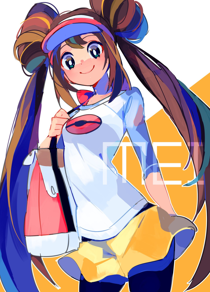1girl, bag, black_eyes, brown_hair, double_bun, hair_bun, highres, pantyhose