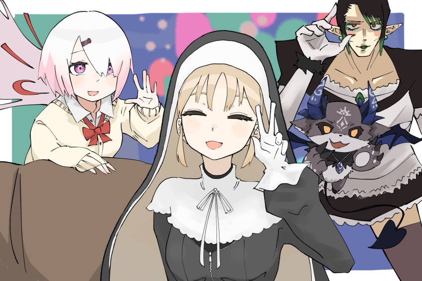 1boy, 2girls, :d, ^_^, apron, black_dress, black_hair, bow