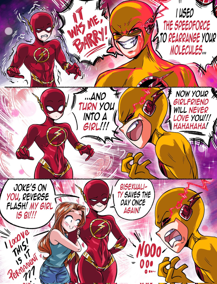 2boys, 2girls, bisexual_female, blush, bodysuit, breasts, brown_hair, commentary