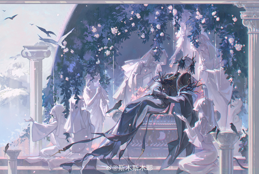 1boy, 6+girls, absurdres, arknights, bird, black_cape, black_gloves, black_wings