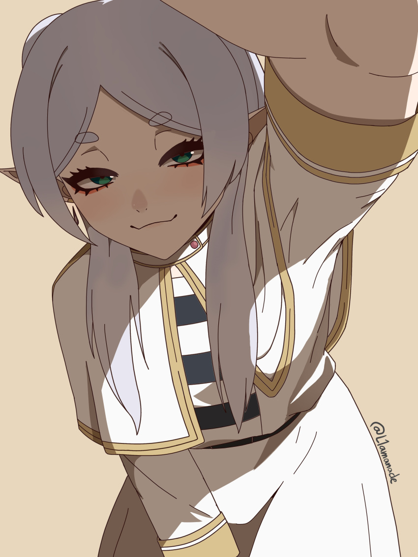 1girl, absurdres, arm_up, belt, black_belt, capelet, earrings, elf, floating_earring, frieren, gold_trim, green_eyes, highres, jewelry, l1amanade, long_hair, looking_at_viewer, parted_bangs, pointy_ears, pov, signature, sleeve_cuffs, smile, solo, sousou_no_frieren, twintails, white_capelet, white_hair