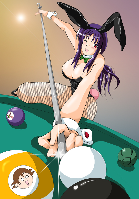 billiards, blush, breasts, bunny_ears, bunny_girl, bunny_tail, bunnysuit, cleavage