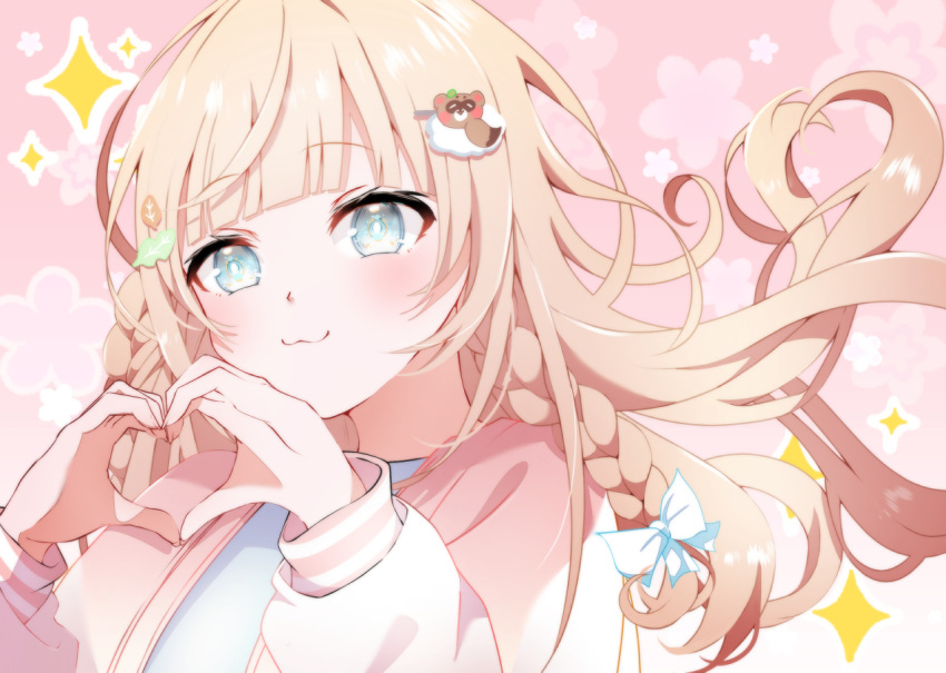 1girl, :3, blonde_hair, blue_eyes, blunt_bangs, blush, braid, character_hair_ornament