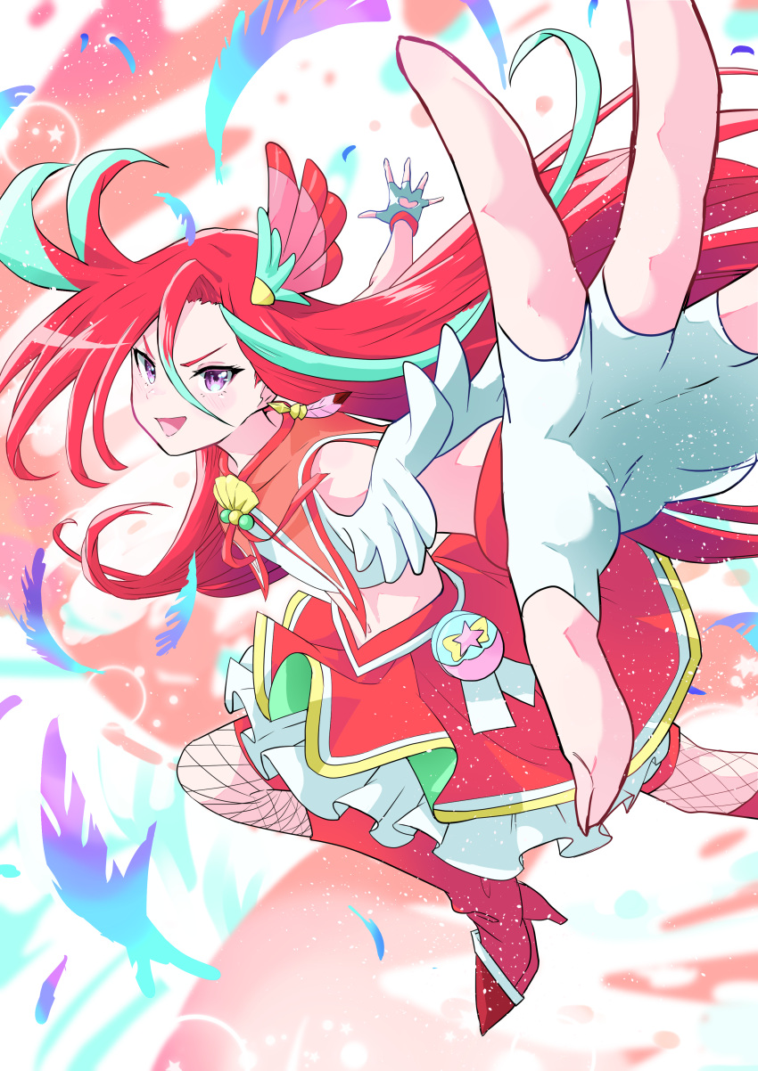 1girl, absurdres, blue_feathers, boots, clothing_cutout, commentary, cure_flamingo, earrings