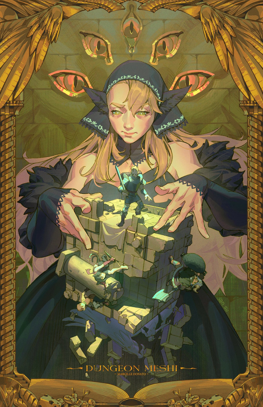 2girls, 3boys, black_hood, chilchuck_tims, chimera, detached_hood, dress, dungeon_meshi