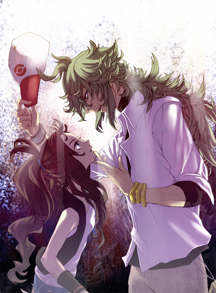 1girl, baseball_cap, brown_hair, couple, face, green_hair, hat, height_difference