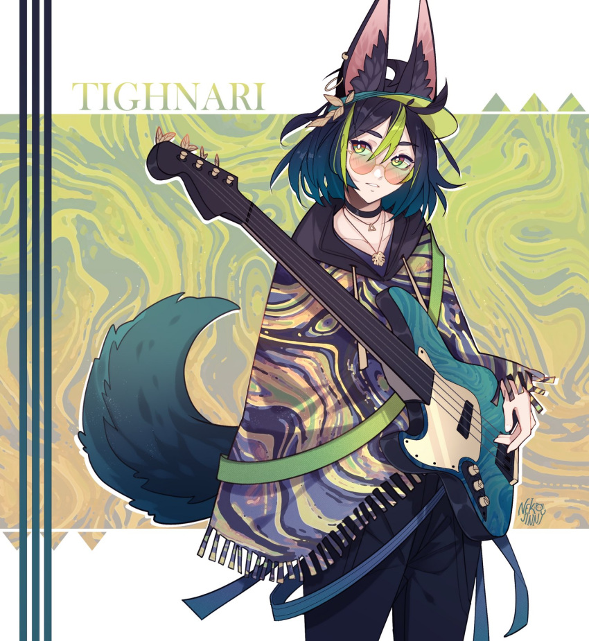 1boy, alternate_costume, animal_ear_fluff, animal_ears, bass_guitar, black_hair, black_hood, black_pants, capelet, character_name, earrings, fox_boy, fox_ears, fox_tail, genshin_impact, glasses, green_eyes, green_hair, hair_between_eyes, highres, hood, instrument, jewelry, looking_at_viewer, male_focus, multicolored_hair, nekojinnyart, pants, short_hair, simple_background, solo, streaked_hair, tail, tighnari_(genshin_impact), white_background