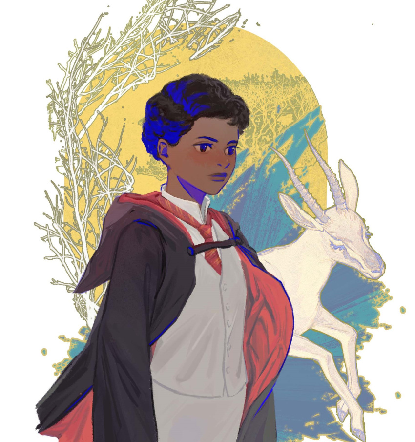 1girl, black_robe, dark-skinned_female, dark_skin, gazelle, gryffindor, hazel_(qieeeee5), highres