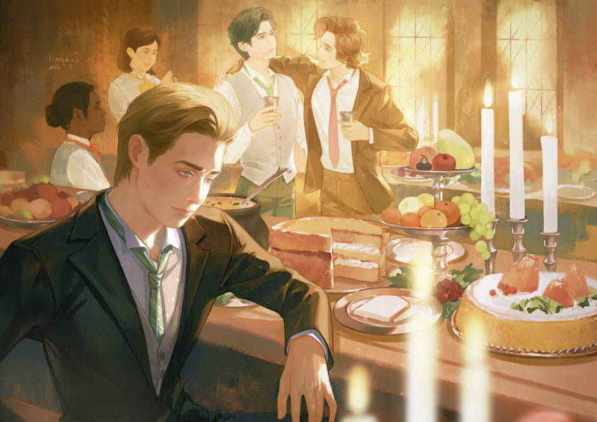 2girls, 3boys, absurdres, black_coat, black_hair, blind, brown_hair, cake