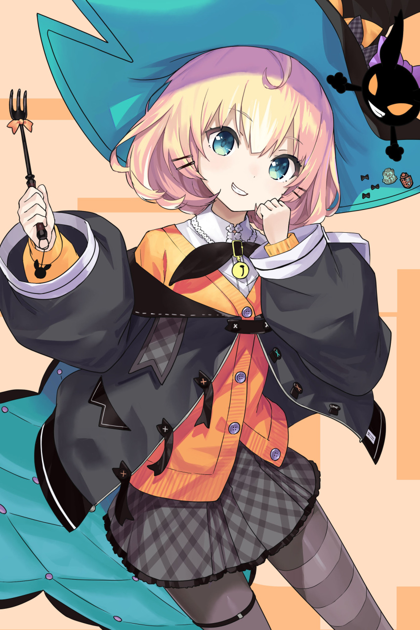 1girl, absurdres, asymmetrical_legwear, bell, black_bow, black_cat, black_hat, black_jacket
