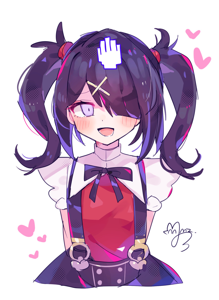 1girl, :d, ame-chan_(needy_girl_overdose), arms_behind_back, black_hair, black_ribbon, blush, collared_shirt, cropped_legs, cursor, hair_ornament, hair_over_one_eye, hand_cursor, happy, headpat, heart, highres, long_hair, looking_at_viewer, neck_ribbon, needy_girl_overdose, open_mouth, red_shirt, ribbon, shirt, signature, skirt, smile, solo, sushiuma_m, suspender_skirt, suspenders, twintails, violet_eyes, white_background, x_hair_ornament