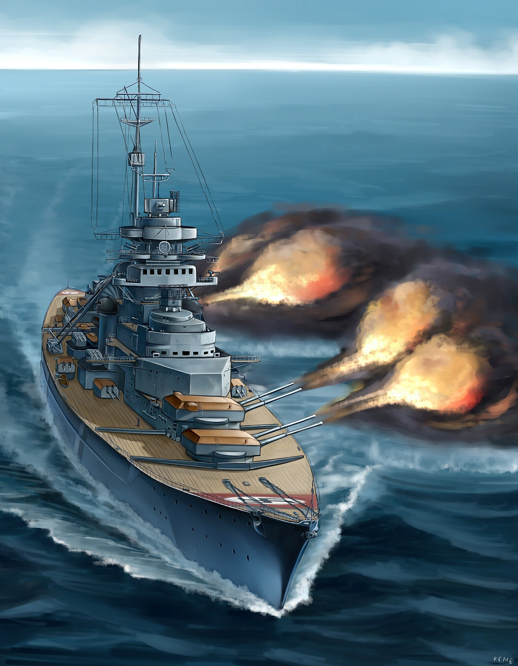 battleship, bismarck_(battleship), cannon, firing, highres, kcme, kriegsmarine, military