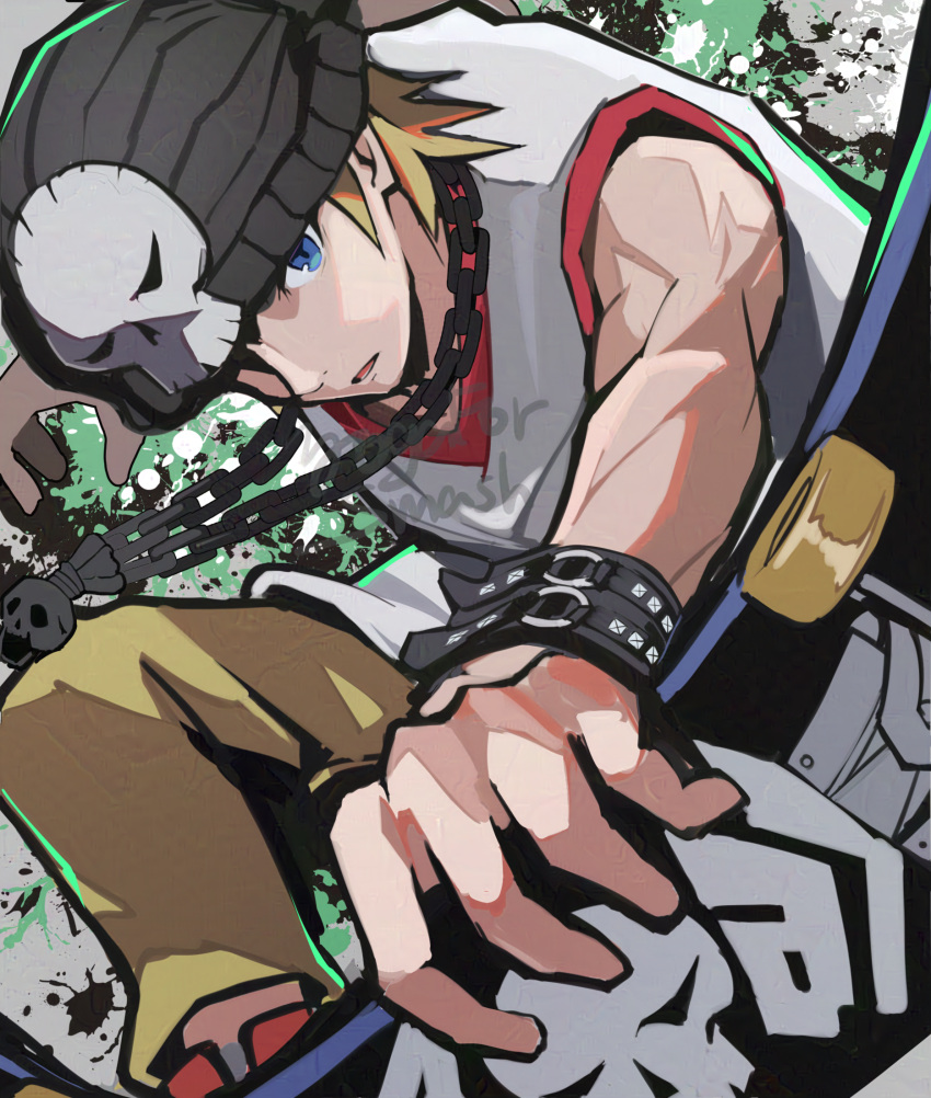 beanie, bito_daisukenojo, blonde_hair, blue_eyes, chain, hat, highres, hirotaka_(hrtk990203)