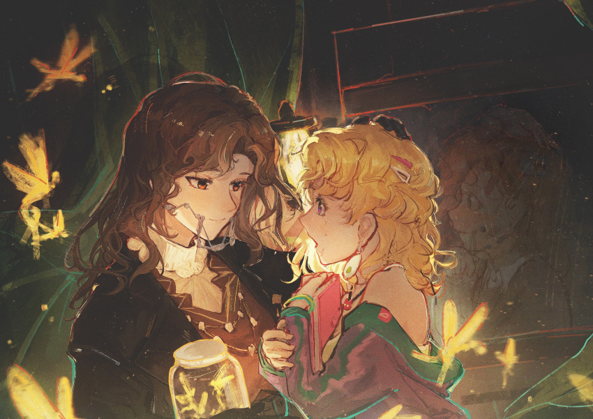 2girls, absurdres, black_coat, black_gloves, blonde_hair, blonney, braces, brown_eyes