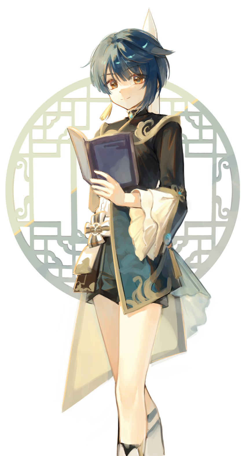 1boy, absurdres, black_jacket, black_shorts, blue_hair, book, brown_eyes, closed_mouth, earrings, feet_out_of_frame, genshin_impact, highres, holding, holding_book, jacket, jewelry, long_sleeves, looking_at_viewer, male_focus, ongya, open_book, shirt, short_hair, shorts, simple_background, single_earring, smile, solo, standing, white_background, white_shirt, xingqiu_(genshin_impact)