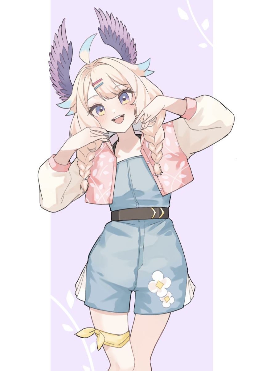 1girl, :d, ahoge, bandana_around_thigh, blonde_hair, blush, braid, cowboy_shot