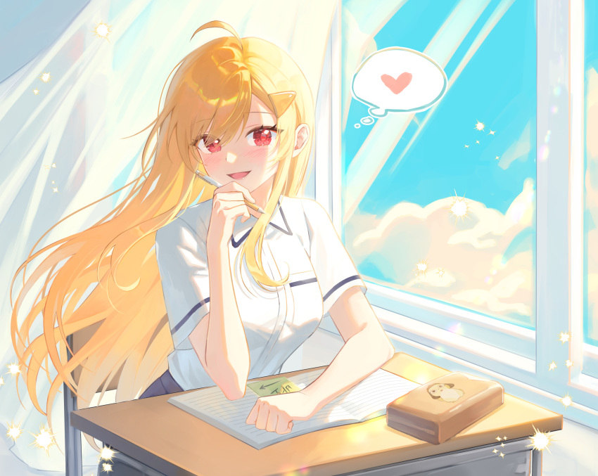 1girl, :d, arched_back, blonde_hair, blue_sky, book, breasts, chair, clouds, collared_shirt, cowboy_shot, desk, heart, highres, holding, holding_pencil, indoors, jingburger, long_hair, looking_at_viewer, medium_breasts, ongya, open_book, pencil, red_eyes, school_desk, shirt, short_sleeves, sitting, sky, smile, solo, thought_bubble, virtual_youtuber, waktaverse, white_shirt, window