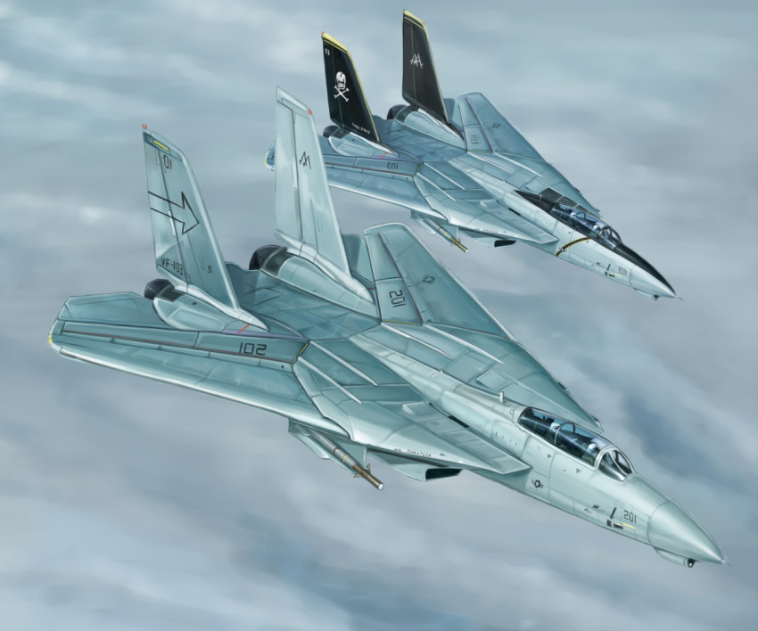 4boys, air-to-air_missile, aircraft, airplane, clouds, cloudy_sky, f-14_tomcat, fighter_jet