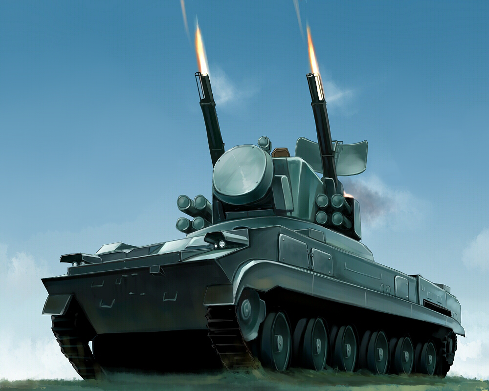 2s6_tunguska, anti-aircraft_gun, firing, kcme, military, missile_pod, no_humans, original, radar, self-propelled_anti-aircraft_weapon, vehicle_focus