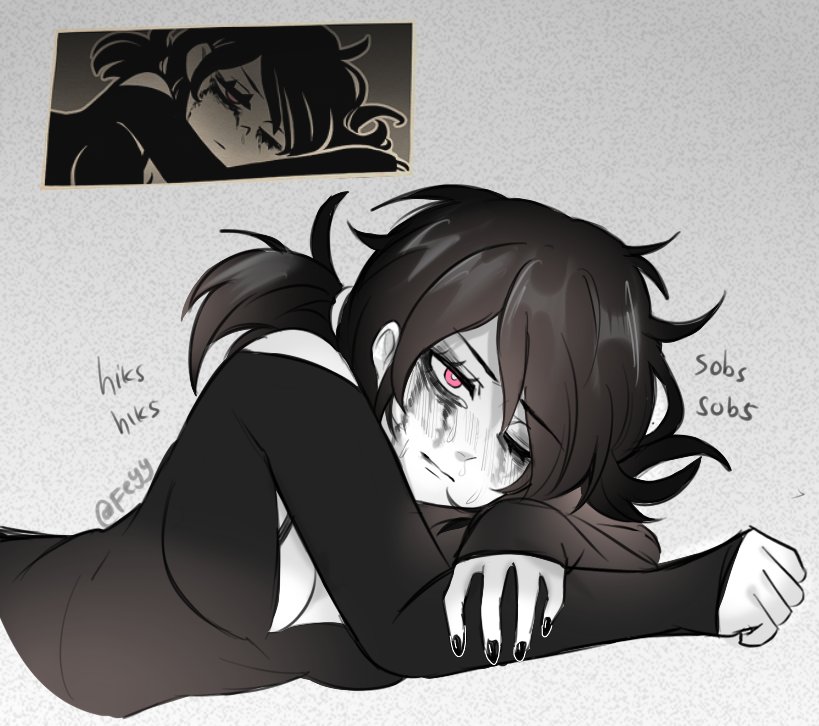 1girl, artist_name, ashley_graves, black_shirt, black_tears, bra_strap, breasts, clenched_hand