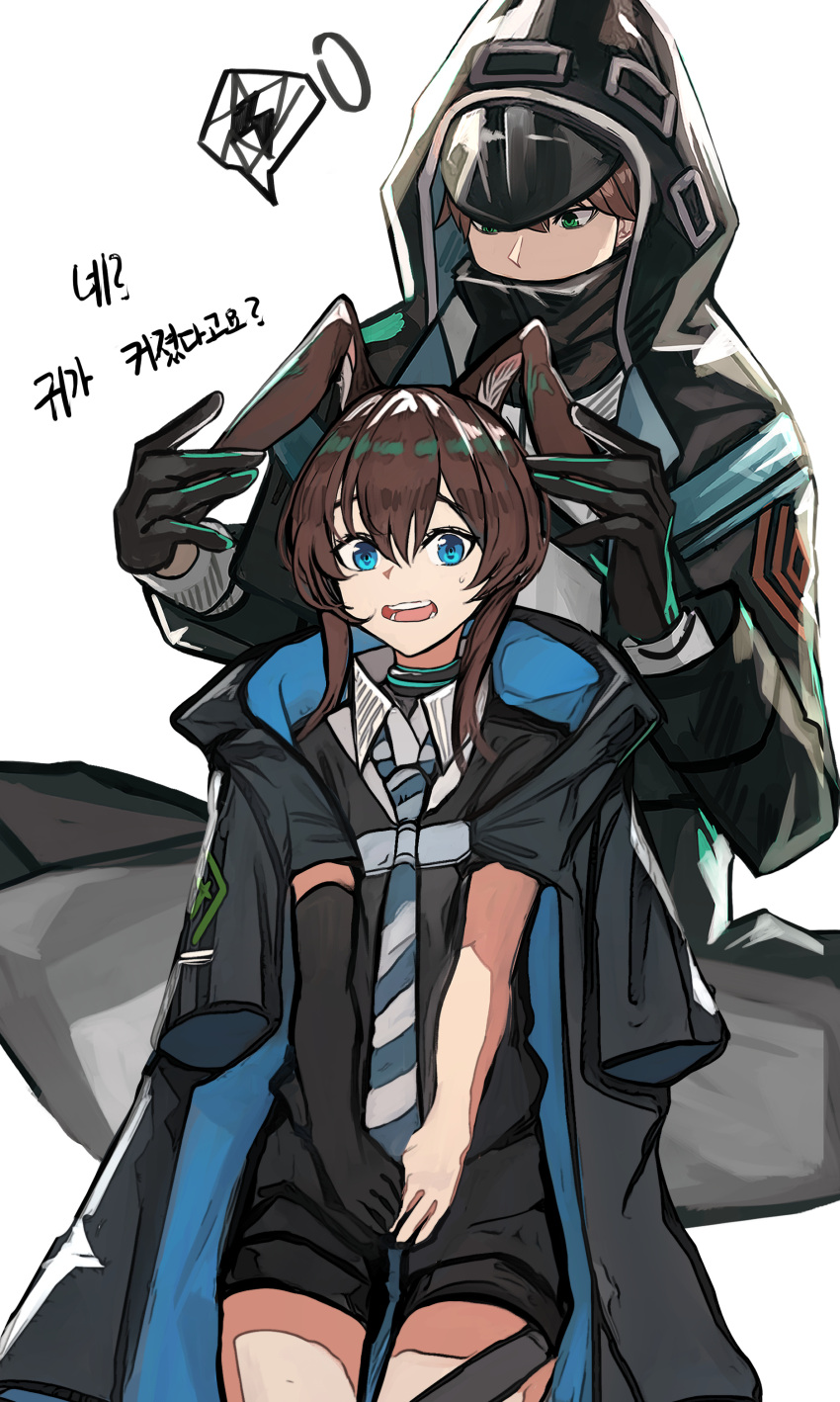 1girl, 1other, absurdres, amiya_(act_2)_(arknights), amiya_(arknights), animal_ears, argyle_clothes, argyle_socks, arknights, black_coat, black_gloves, black_jacket, blue_choker, choker, coat, doctor_(arknights), elbow_gloves, gloves, grey_necktie, highres, hood, hood_up, hooded_coat, hooded_jacket, infection_monitor_(arknights), jacket, korean_text, multicolored_cloak, necktie, official_alternate_costume, rabbit_ears, rabbit_girl, single_elbow_glove, striped_necktie, tonyblue2
