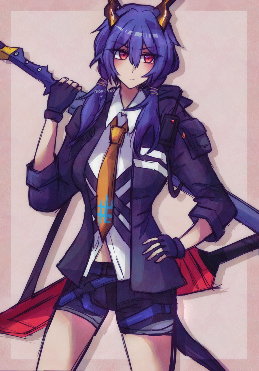 1girl, arknights, black_shorts, blue_hair, ch'en_(arknights), collared_shirt, dragon_girl, dragon_horns, dragon_tail, fingerless_gloves, gloves, highres, horns, mage_(mage4x6), necktie, red_eyes, sheath, shirt, shorts, solo, sword, tail, twintails, walkie-talkie, weapon, yellow_necktie