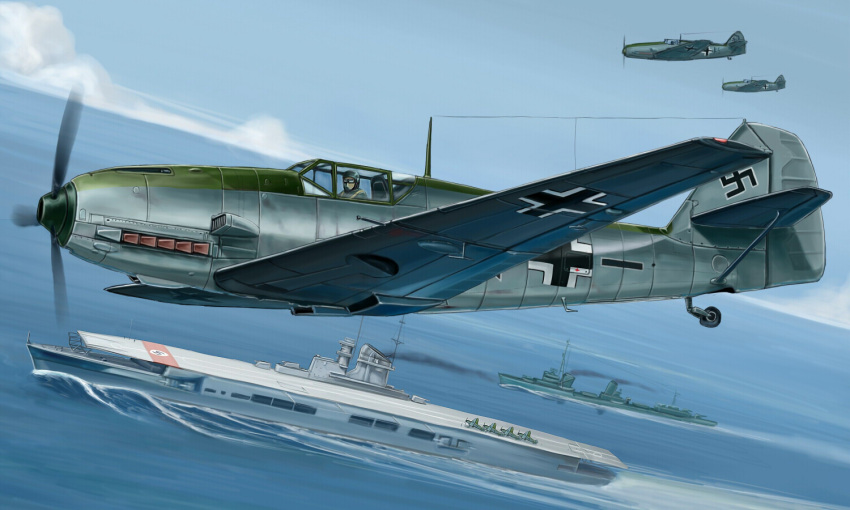 1boy, aircraft, aircraft_carrier, airplane, balkenkreuz, cross, dutch_angle, flying, graf_zeppelin_(aircraft_carrier), kcme, kriegsmarine, luftwaffe, military, military_vehicle, ocean, original, ship, swastika, vehicle_focus, warship, watercraft, world_war_ii