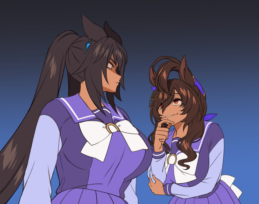 2girls, animal_ears, back_bow, black_eyes, black_hair, blue_background, blue_eyes, bow