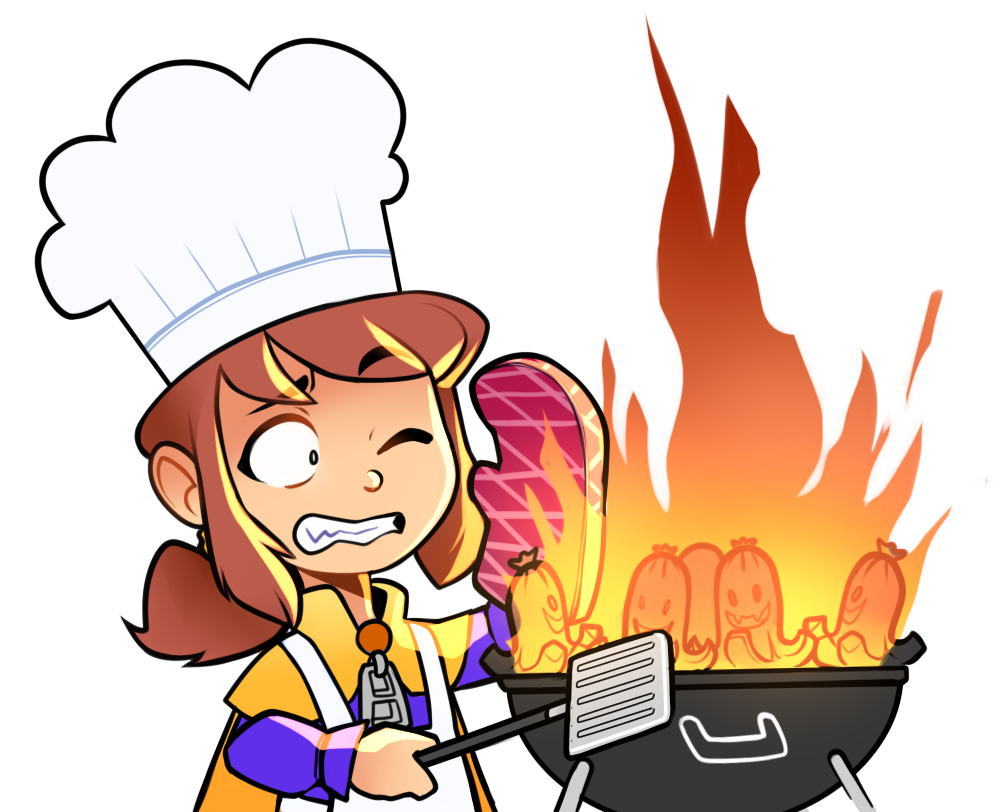 1girl, a_hat_in_time, alternate_headwear, apron, brown_hair, cape, chef_hat, child, clenched_teeth, commentary, english_commentary, fire, fire_light, food, food_art, food_with_face, grill, hat, hat_kid, holding, holding_spatula, jacket, jenna_brown, long_sleeves, looking_at_object, mittens, official_art, one_eye_closed, open_mouth, oven_mitts, plaid_clothes, plaid_mittens, plaid_oven_mitts, ponytail, purple_jacket, red_mittens, red_oven_mitts, sidelocks, simple_background, single_mitten, solo, spatula, tako-san_wiener, teeth, transparent_background, upper_body, white_apron, white_hat, yellow_cape, zipper_pull_tab
