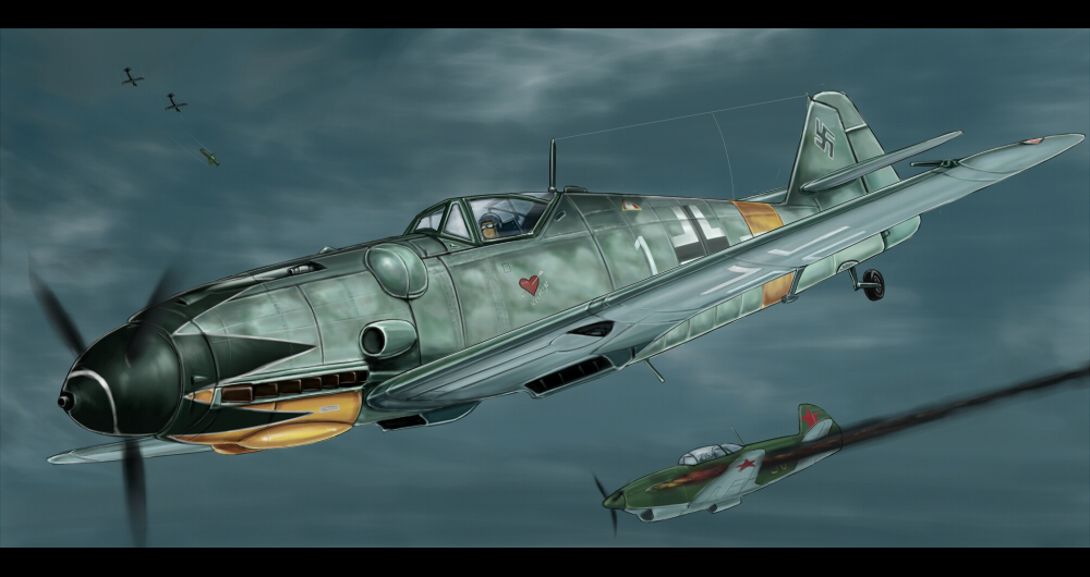 1boy, aerial_battle, aircraft, airplane, battle, bf_109, black_border, border