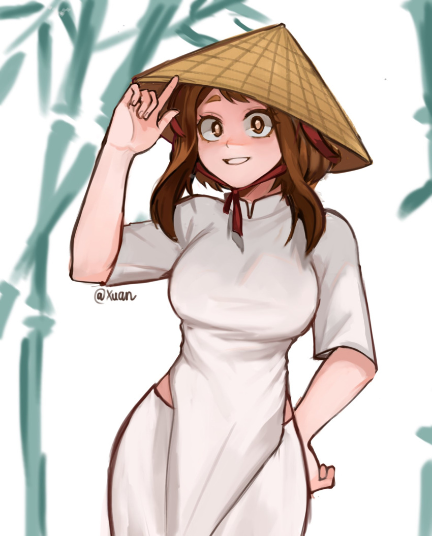 1girl, adjusting_clothes, adjusting_headwear, artist_name, baki_one-hand_push-up_(meme), bamboo, boku_no_hero_academia, breasts, bright_pupils, brown_eyes, brown_hair, brown_hat, chin_strap, commentary, conical_hat, cowboy_shot, dress, english_commentary, eyelashes, hand_on_own_hip, hat, highres, hip_vent, index_finger_raised, large_breasts, looking_at_viewer, mandarin_collar, meme, parted_lips, shaded_face, short_hair, short_hair_with_long_locks, short_sleeves, sidelocks, signature, smile, solo, standing, straw_hat, thick_eyebrows, twitter_username, uraraka_ochako, vietnamese_dress, white_background, white_dress, xuan_(plisetskyri)