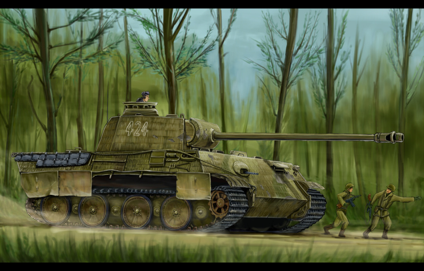 3boys, assault_rifle, black_border, border, dust, forest, grass, gun, holding, holding_gun, holding_weapon, kcme, military, military_vehicle, motor_vehicle, multiple_boys, nature, original, panther_(tank), pointing, rifle, soldier, stg44, tank, tree, vehicle_focus, weapon, wehrmacht, world_war_ii