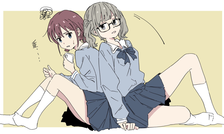2girls, back-to-back, black-framed_eyewear, blue_bow, blue_bowtie, blue_eyes, blue_shirt, blue_skirt