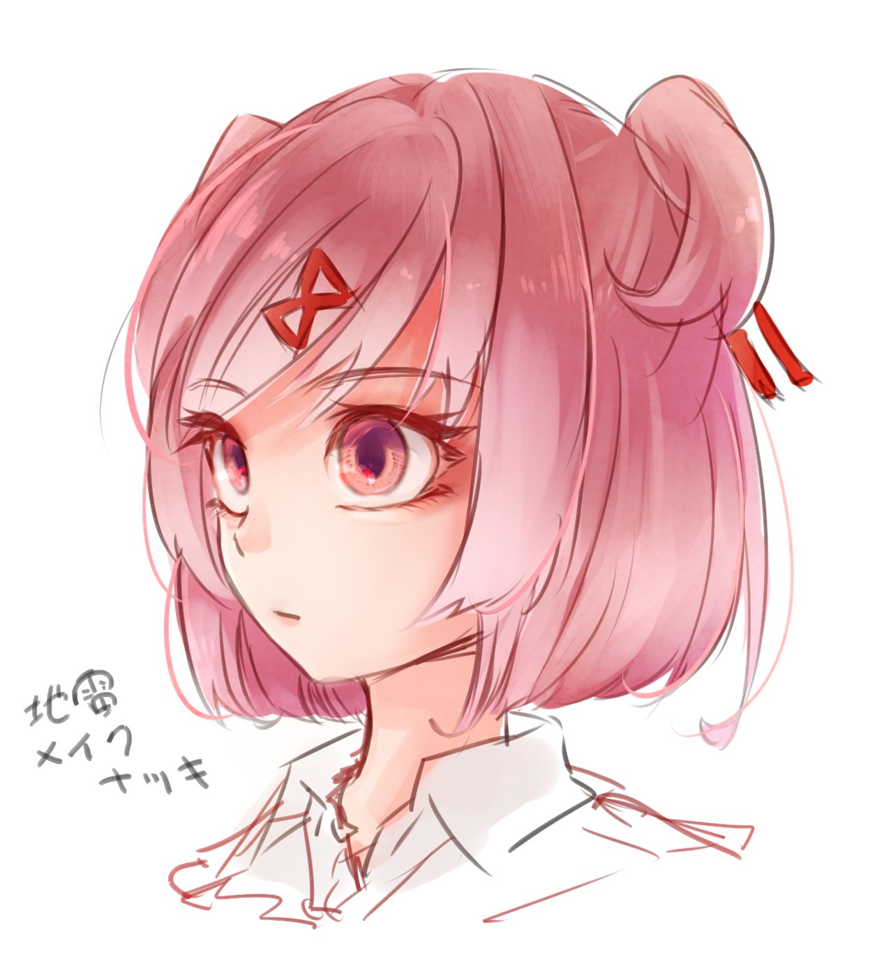 1girl, bob_cut, close-up, closed_mouth, collared_shirt, commentary, cropped_torso, doki_doki_literature_club